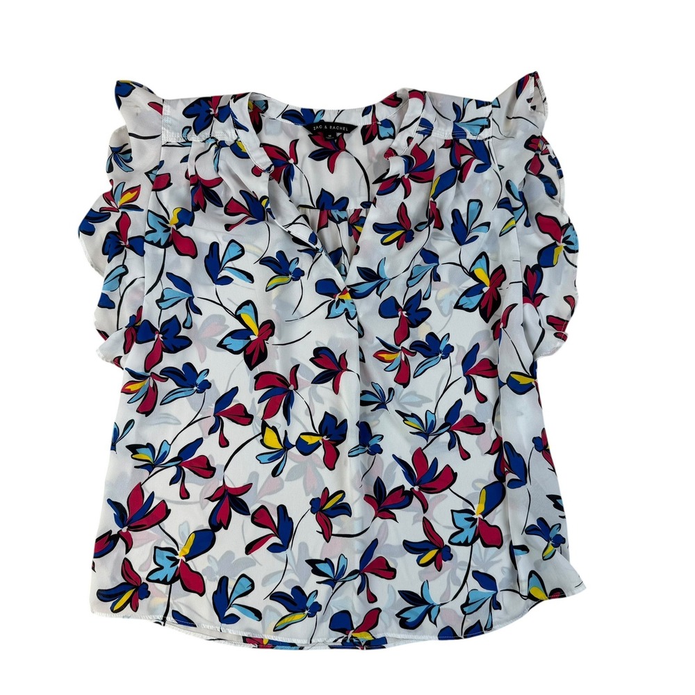 Zac & Rachel Floral Ruffle Sleeve Blouse Polyester V-Neck Medium